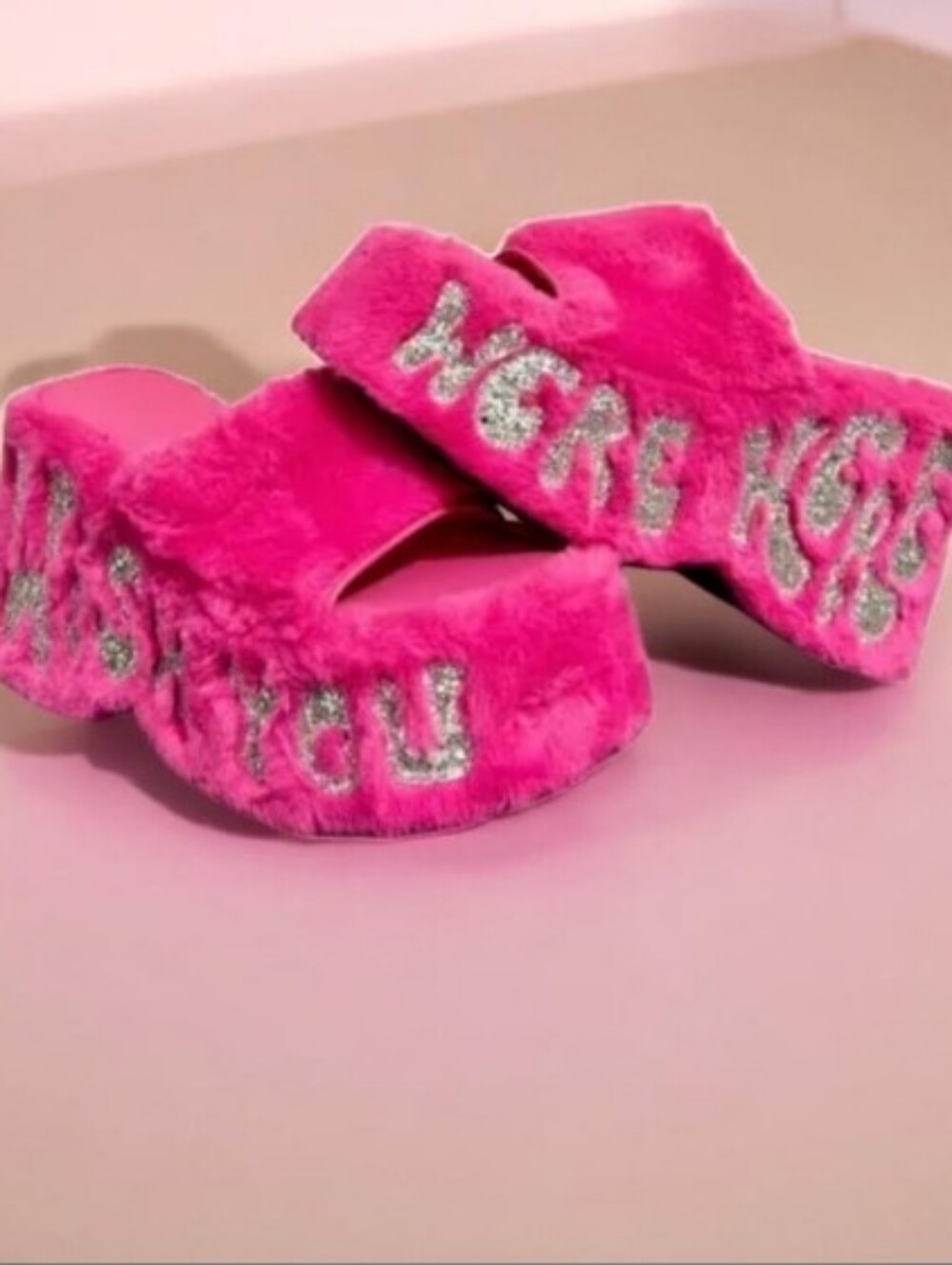 Pink Furry Platform Sandals with Glitter Letters